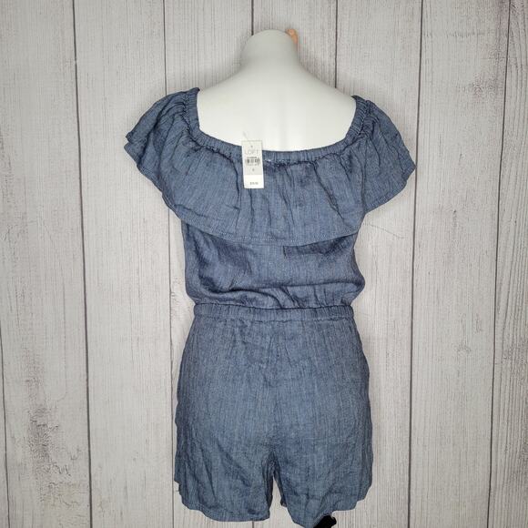 Loft NWT Blue Chambray Ruffled Romper Off The Shoulder Womens Size Small - Picture 4 of 6